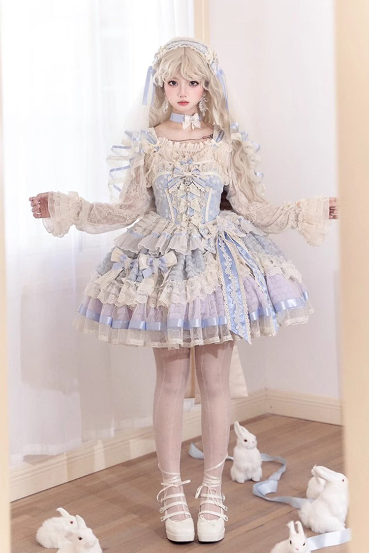 Blue [Moonstone] Sleeveless Ruffle Embroidery Bowknot Lace Fishbone Sweet Princess Lolita Dress - Product - 9
