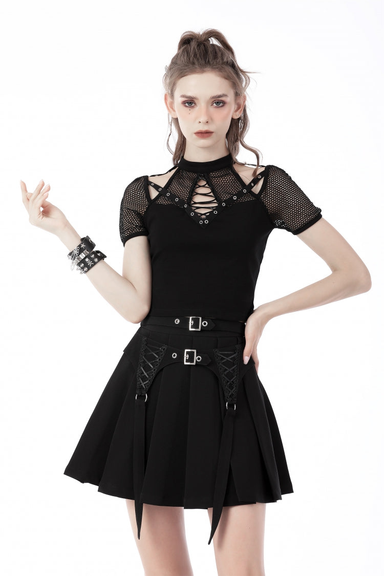 Black Double Buckled Women's Punk Pleated Skirt - Black - 1