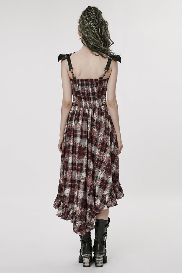 Black/Red Leather Shoulder Strap Plaid Print Ruffle Stitching Irregular Women's Steampunk Dress - Product - 3