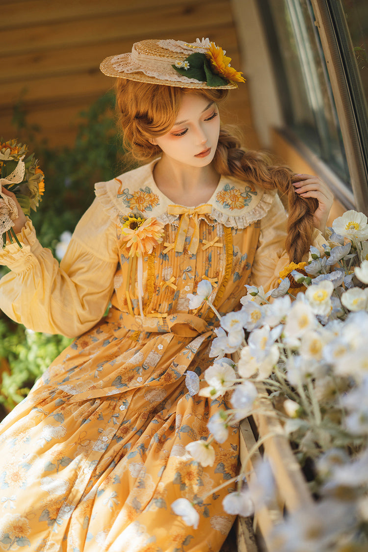 Green [Gardening Sunflower] Sleeveless Print Ruffle Bowknot Sweet Elegant Lolita Jsk Dress - Product - 8