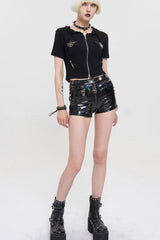 Black Punk Changing Mirror Leather Front Center And Side Metal Zippers Stretch Women's Shorts - Product - 2
