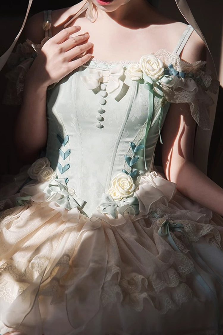 Light Green Off Shoulder Ruffle Bowknot Lace Sweet Elegant Princess Ballet Lolita Tiered Dress - Product - 4