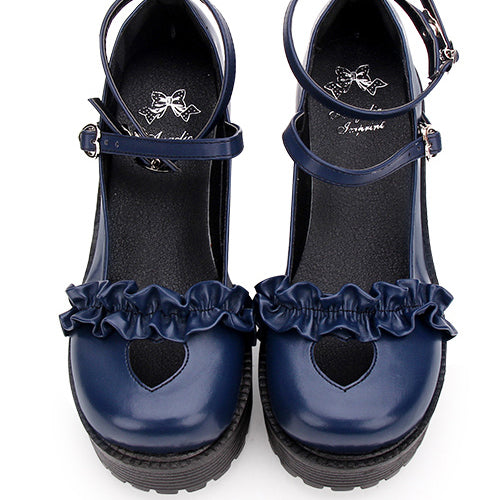 Round Toe Hollow Out Heart Shape Ruffle School Sweet Lolita Shoes - Product - 7