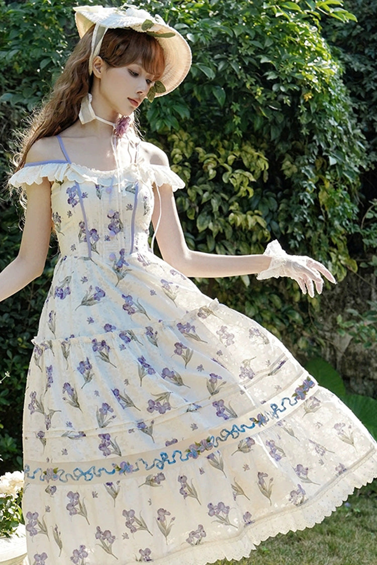 Ivory [Moonlight Iris] Off Shoulder Print Ruffle Embroidery Lace Sweet Lolita Jsk Dress - Product - 2