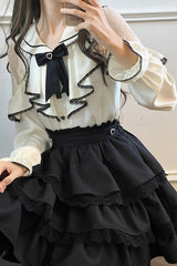 Black/White Sailor Collar Multi-Layered Ruffle Bowknot Jirai Kei Skirt Set - Product - 2