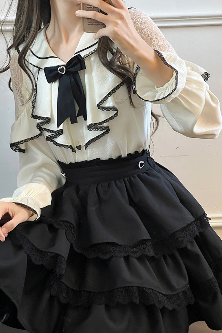 Black/White Sailor Collar Multi-Layered Ruffle Bowknot Jirai Kei Skirt Set - Product - 2