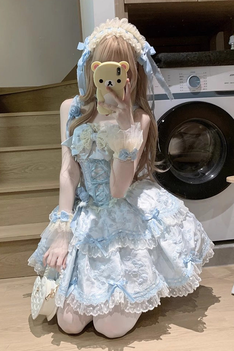Blue [Floral Overture] Double-Layered Ruffle Embroidery Bowknot Lace Sweet Lolita Jsk Dress - Product - 4