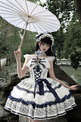 White/Blue [Mandarin Duck Rhapsody] Sleeveless Porcelain Printed Ruffled Bow Lace Chinese Style Sweet Lolita Jsk Dress - Product - 5
