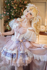 Pink/Purple [Rose Memoirs] Sleeveless Multi-Layered Bowknot Lace Sweet Lolita Skirt Set - Product - 11