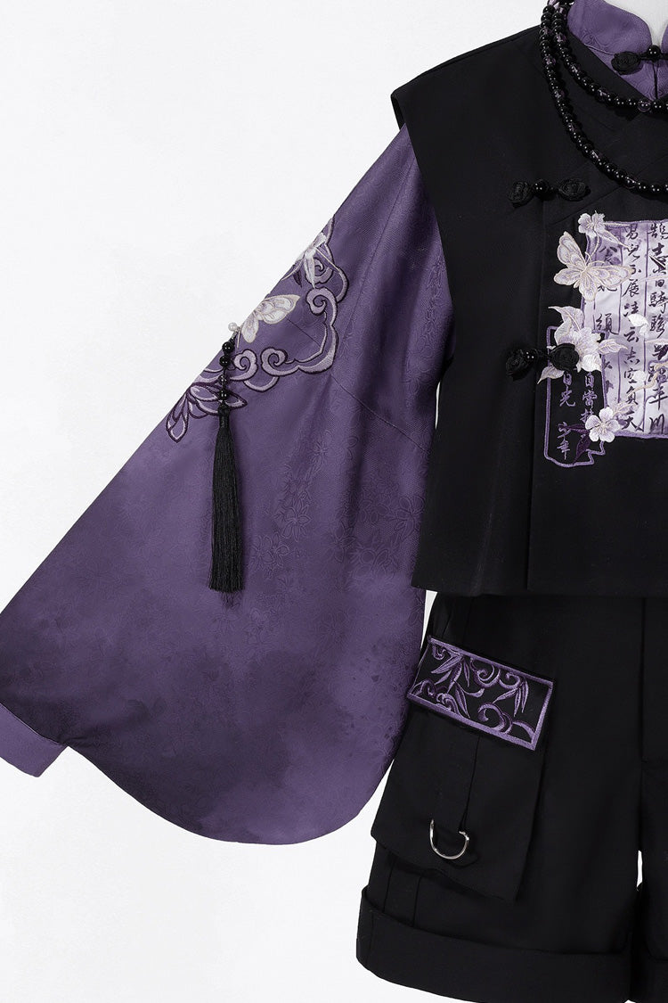 Black/Purple Stand Collar Long Sleeves Embroidery Classic Chinese Style Prince Hanfu Ouji Set - Product - 14
