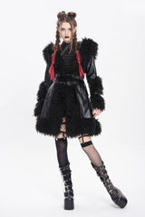Black Long Sleeves Plush Stitching Buckle Hooded Straps Women's Punk Coat - Product - 10