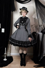 Black [Point Manor] Stand Collar Long Sleeves Multi-Layered Striped Printed Ruffled Lifted Hem Bow Gothic Lolita Dress - Product - 5