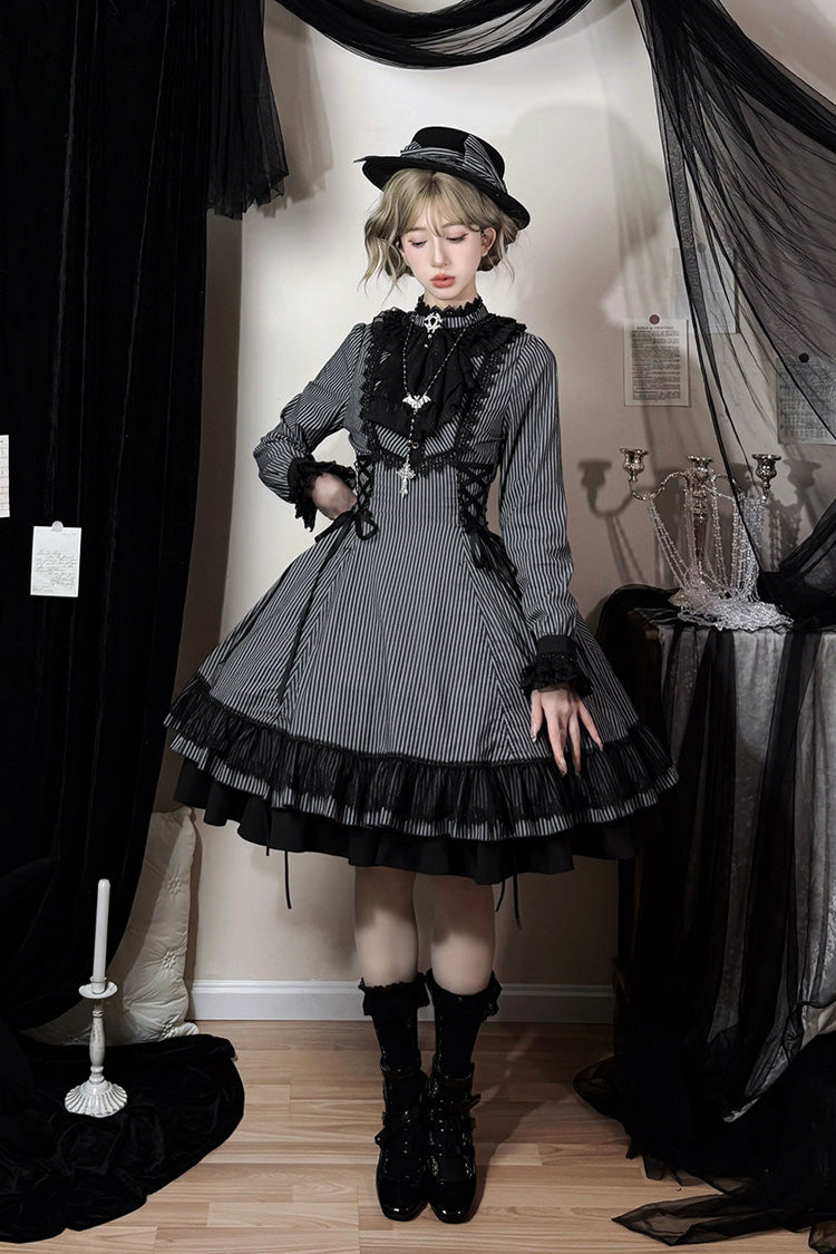 Black [Point Manor] Stand Collar Long Sleeves Multi-Layered Striped Printed Ruffled Lifted Hem Bow Gothic Lolita Dress - Product - 5