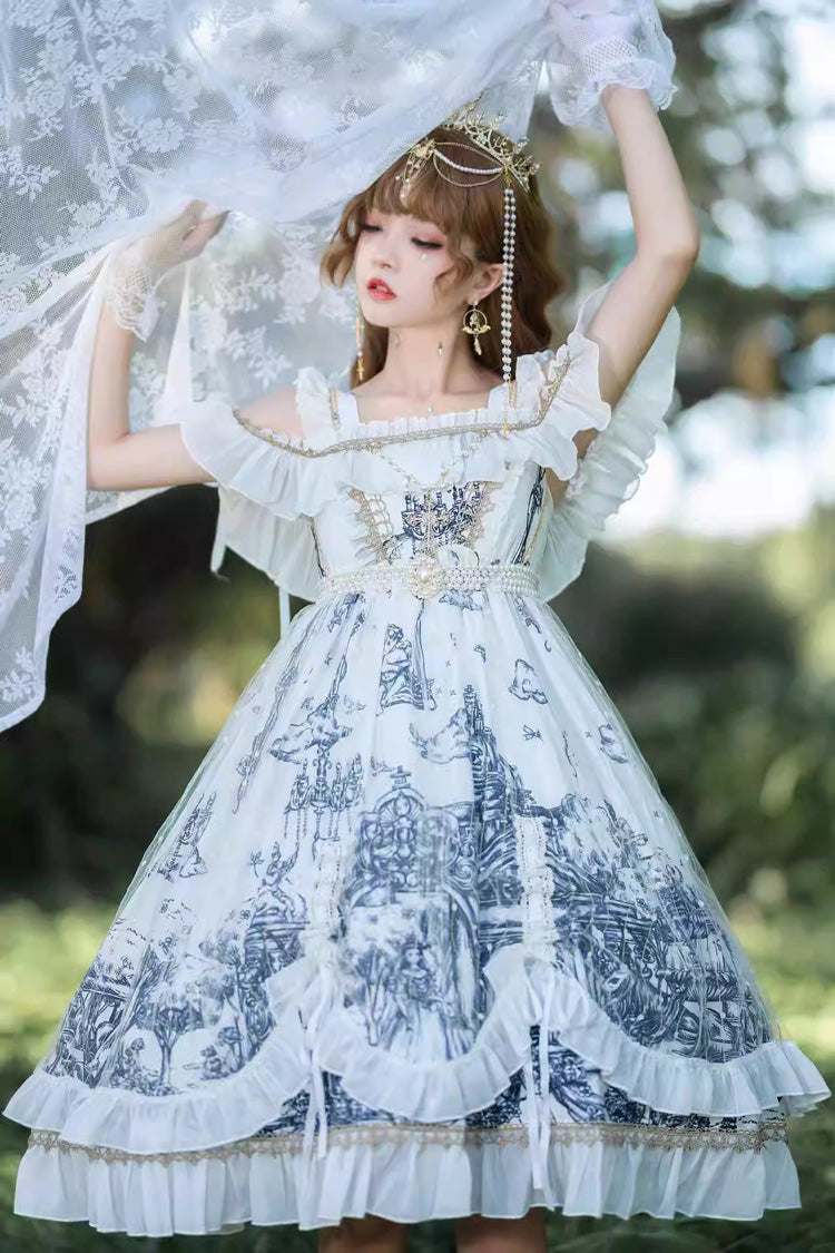 White [Castle Feast] Print Ruffle Bowknot Gothic Princess Lolita Jsk Dress - Product - 3