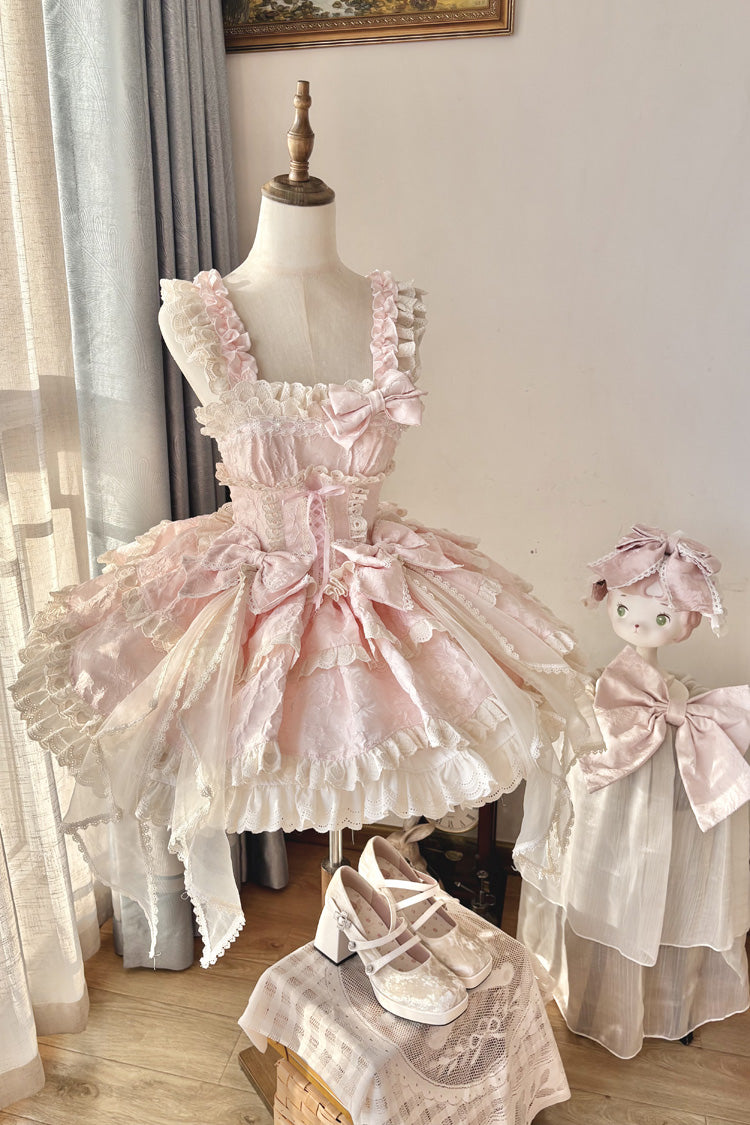 Pink Sleeveless Multi-Layered Ruffled Bow Sweet Princess Ballet Lolita Jsk Dress - Product - 3
