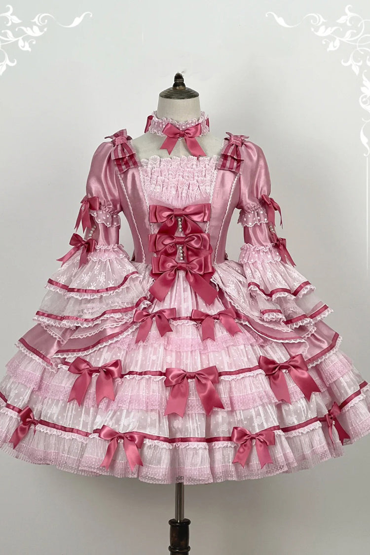 Pink [Velvet Cake] Long Trumpet Sleeves Multi-Layered Ruffle Bowknot Lace Sweet Lolita Dress - Product - 3