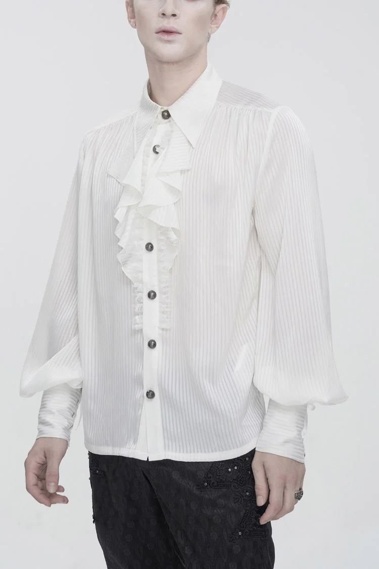 White Puff Sleeved Ruffled Lace Splice Men's Gothic Shirt - White - 1