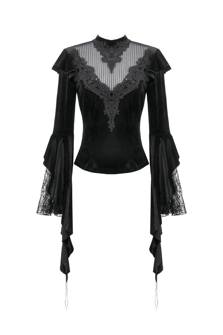 Black Multi-Layered Long Flare Sleeves Embroidered Sheer Mesh Splice Velvet Women's Gothic Top - Product - 3