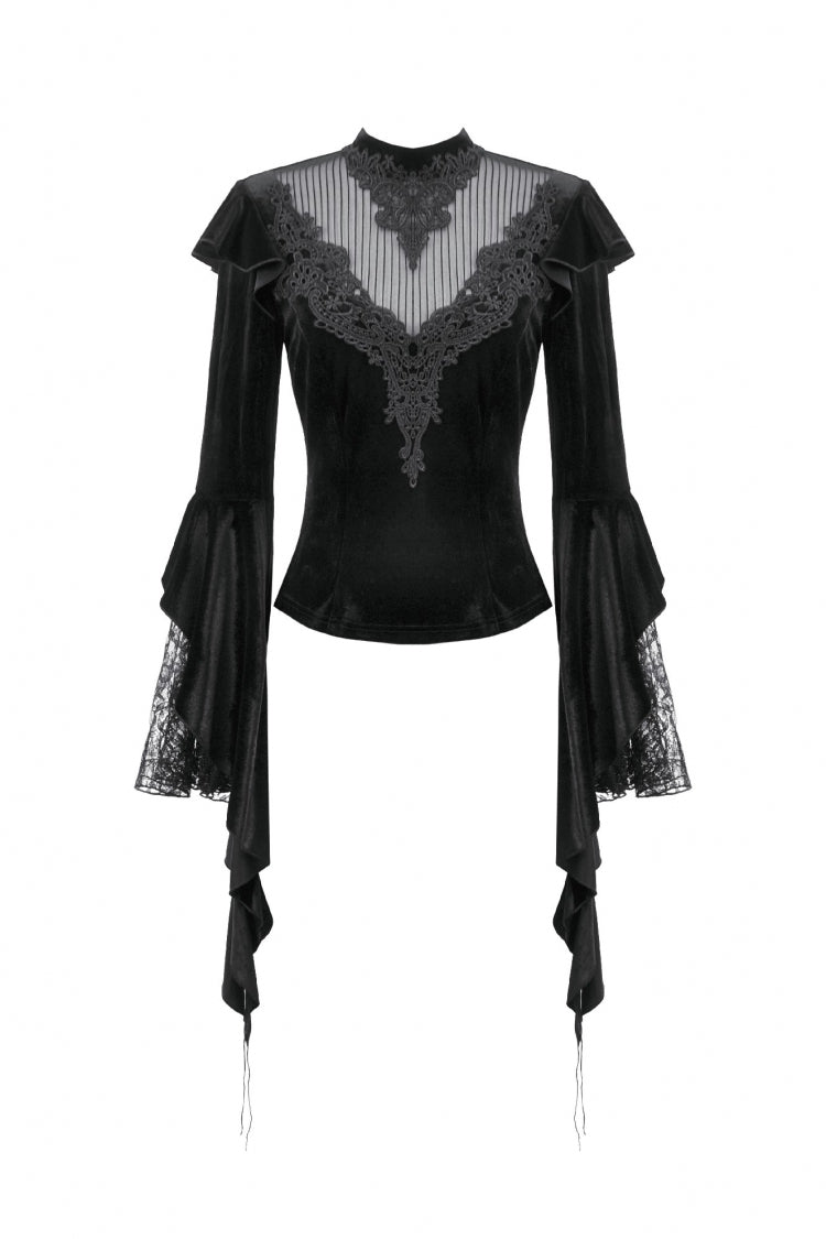 Black Multi-Layered Long Flare Sleeves Embroidered Sheer Mesh Splice Velvet Women's Gothic Top - Product - 3