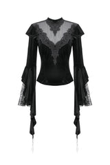 Black Multi-Layered Long Flare Sleeves Embroidered Sheer Mesh Splice Velvet Women's Gothic Top - Product - 3