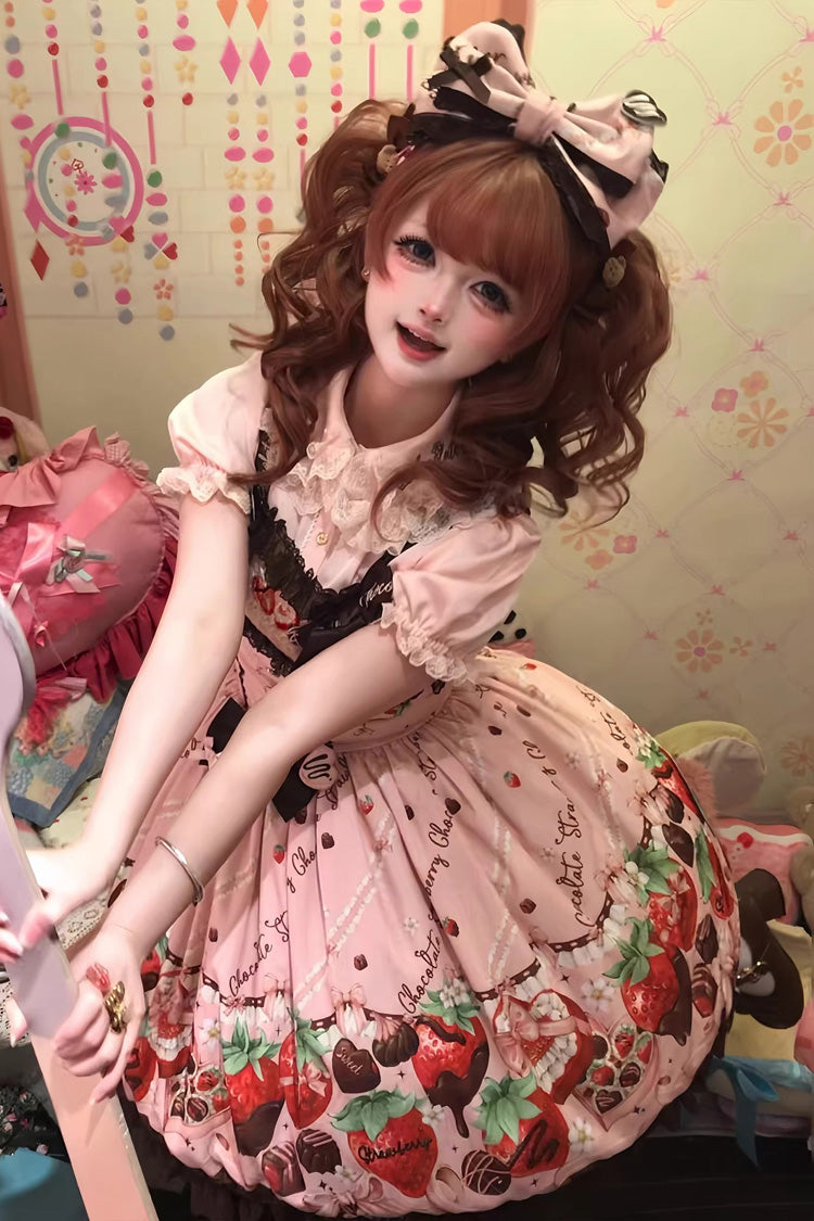 Pink [Strawberry Chocolate Lover] Sleeveless Printed Ruffled Embroidered Bow Lace Sweet Lolita Jsk Dress - Product - 4