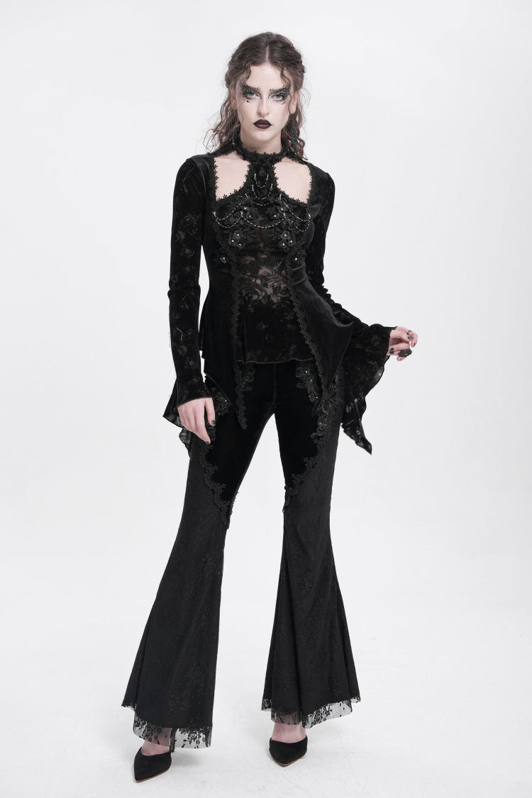 Black Halterneck Long Trumpet Sleeves Jacquard Embroidery Women's Gothic Blouse - Product - 2