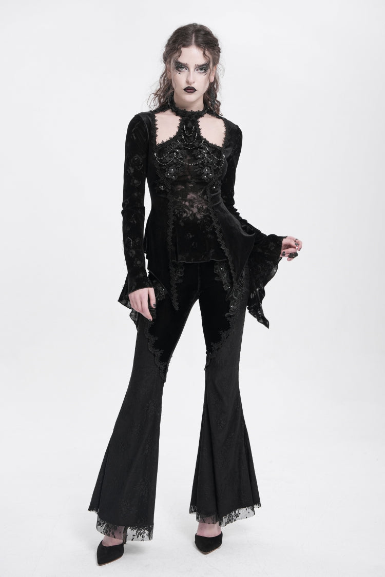 Black Halterneck Long Trumpet Sleeves Jacquard Embroidery Women's Gothic Blouse - Product - 2