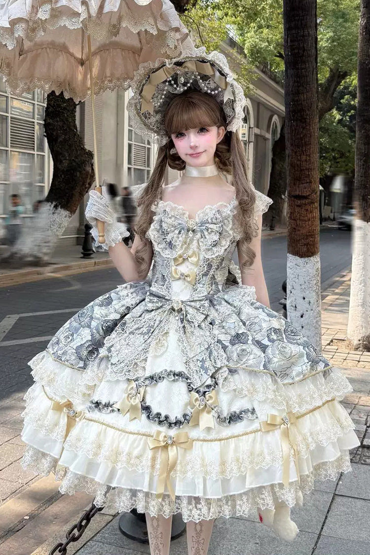 ブラック [Gilded Waltz] スクエアカラー ノースリーブ プリント フリル 刺繍 リボン レース 華やか スウィートロリータ ジャンパースカート（JSK） 商品画像