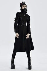 Black Punk Stand Up Collar Metal Buckle Crack Leather Strap Decoration Lace Up Cuff Woolen Women's Coat - Product - 2