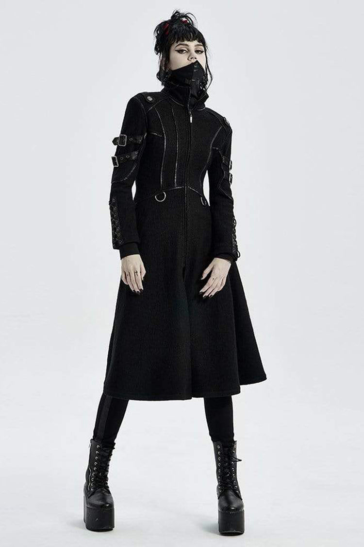 Black Punk Stand Up Collar Metal Buckle Crack Leather Strap Decoration Lace Up Cuff Woolen Women's Coat - Product - 2