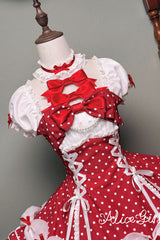 Wine Red Halterneck Short Sleeves Triple-Layered Polka Dot Printed Bow Lace-Up Sweet Lolita Dress - Product - 4