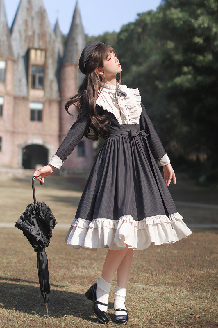 Dark Blue [Berlin Evening News] Long Sleeves Striped Print Ruffle Bowknot British College Style Elegant Sweet Lolita Dress - Product - 11