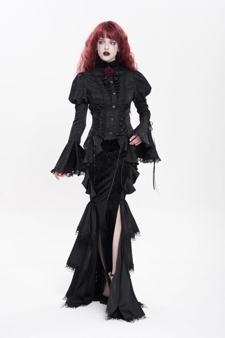 Black Stand Collar Long Puff Sleeves Floral Jacquard Lace-Up Women's Gothic Blouse - Product - 9
