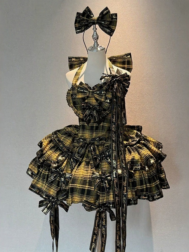 Yellow Sweet Bow Halter Plaid Lolita Dress Full Set + KC + Brooch + Hair Clip - view 2