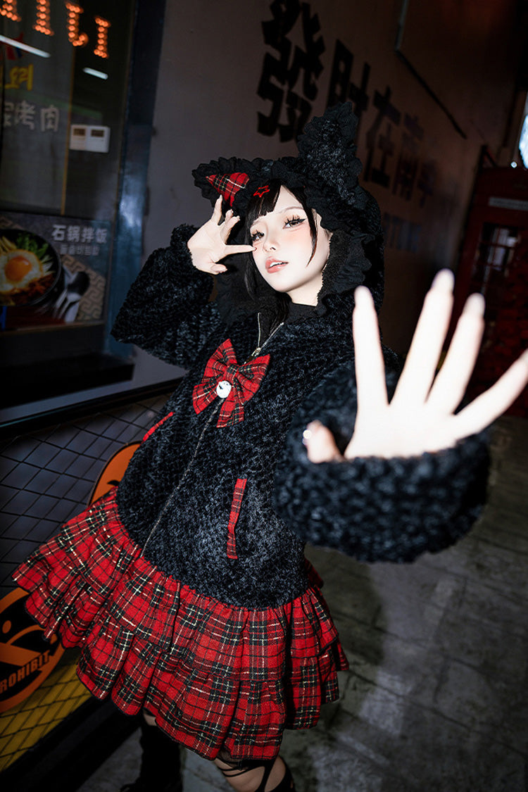 Black/Red [Night Cat] Plaid Print Ruffle Bowknot Hooded Sweet Lolita Skirt Coat - Product - 5