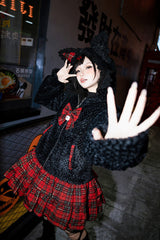 Black/Red [Night Cat] Plaid Print Ruffle Bowknot Hooded Sweet Lolita Skirt Coat - Product - 5