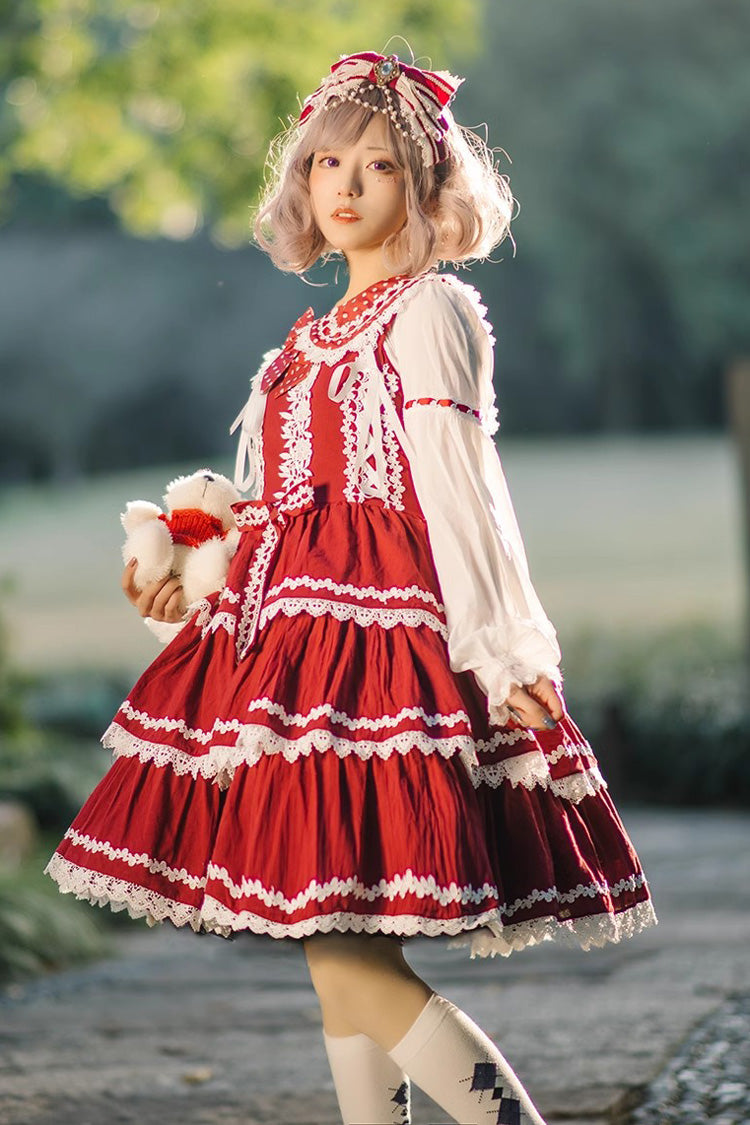 Red/White Three-section Cake Sleeveless Ribbon Sweet Lolita Tiered Dress - Product - 2
