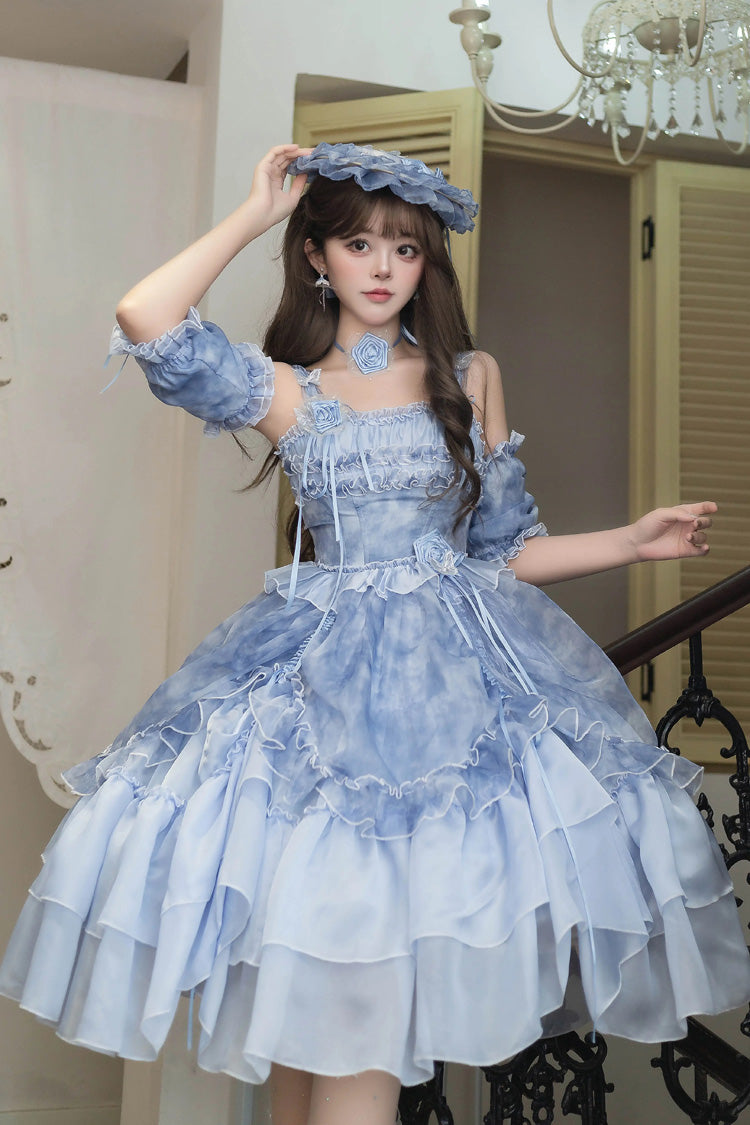 [Goodnight Camellia] Sleeveless Ombre Multi-Layered Printed Ruffled Lace Fishbone Sweet Lolita Jsk Dress 3 Colors - Product - 8