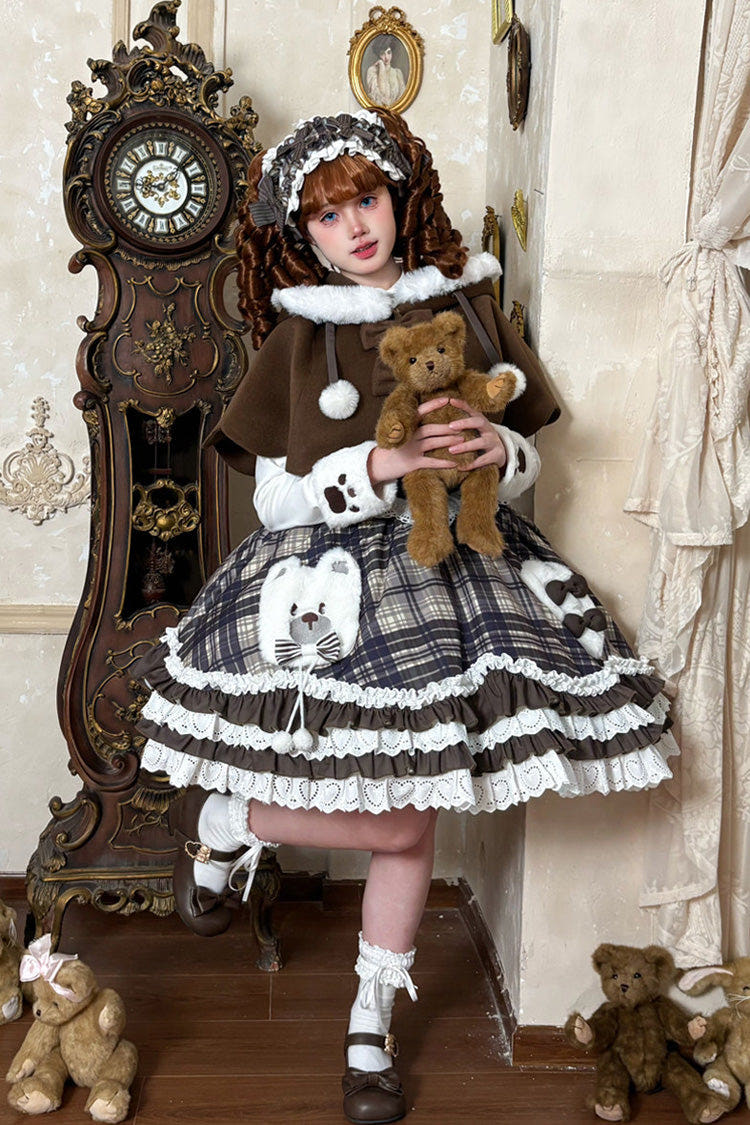 Brown Long Sleeves Triple-Layered Printed Ruffled Bow Sweet Lolita Jsk Dress Set - Brown - 1