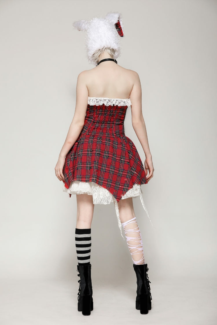 Red Buckled Frayed Asymmetric Hem Women's Punk Grunge Plaid Mini Slip Dress - Product - 4