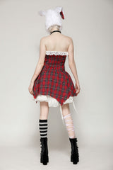 Red Buckled Frayed Asymmetric Hem Women's Punk Grunge Plaid Mini Slip Dress - Product - 4