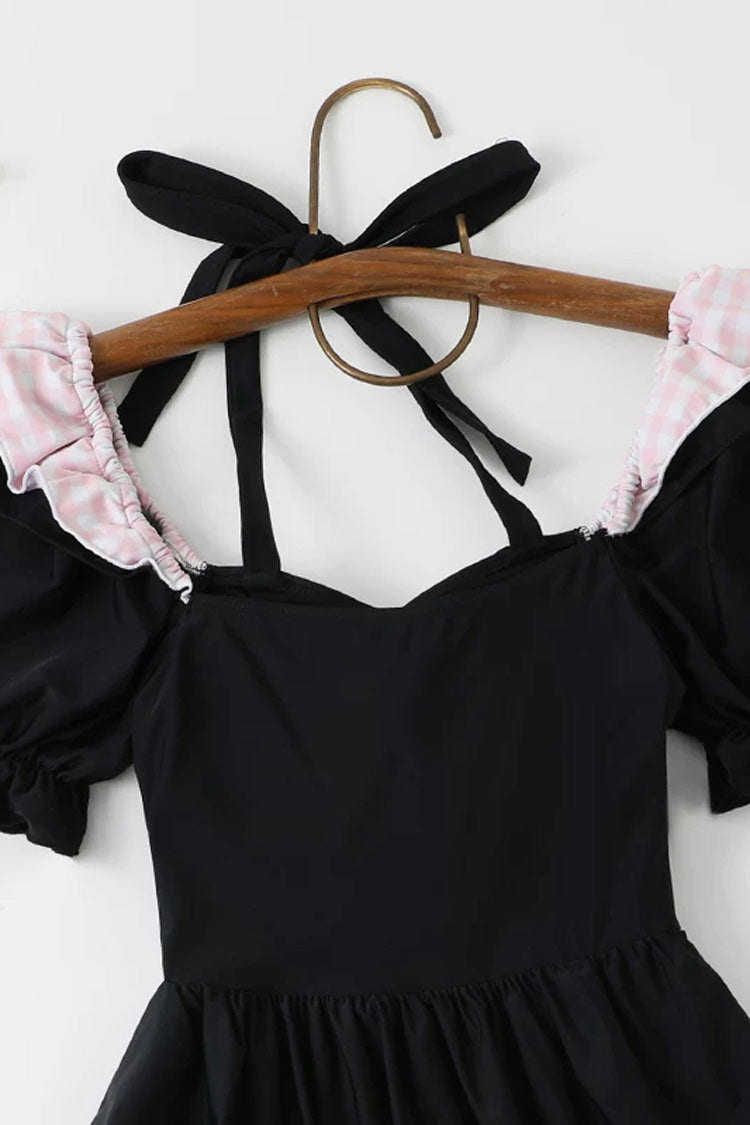 Black/Pink Square Collar Short Sleeves Ruffled Bow Sweet Lolita One-Piece Swimsuit - Product - 2