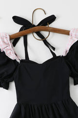 Black/Pink Square Collar Short Sleeves Ruffled Bow Sweet Lolita One-Piece Swimsuit - Product - 2