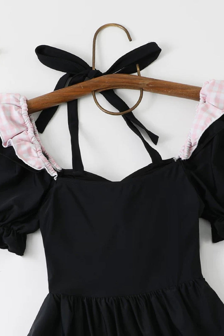 Black/Pink Square Collar Short Sleeves Ruffled Bow Sweet Lolita One-Piece Swimsuit - Product - 2