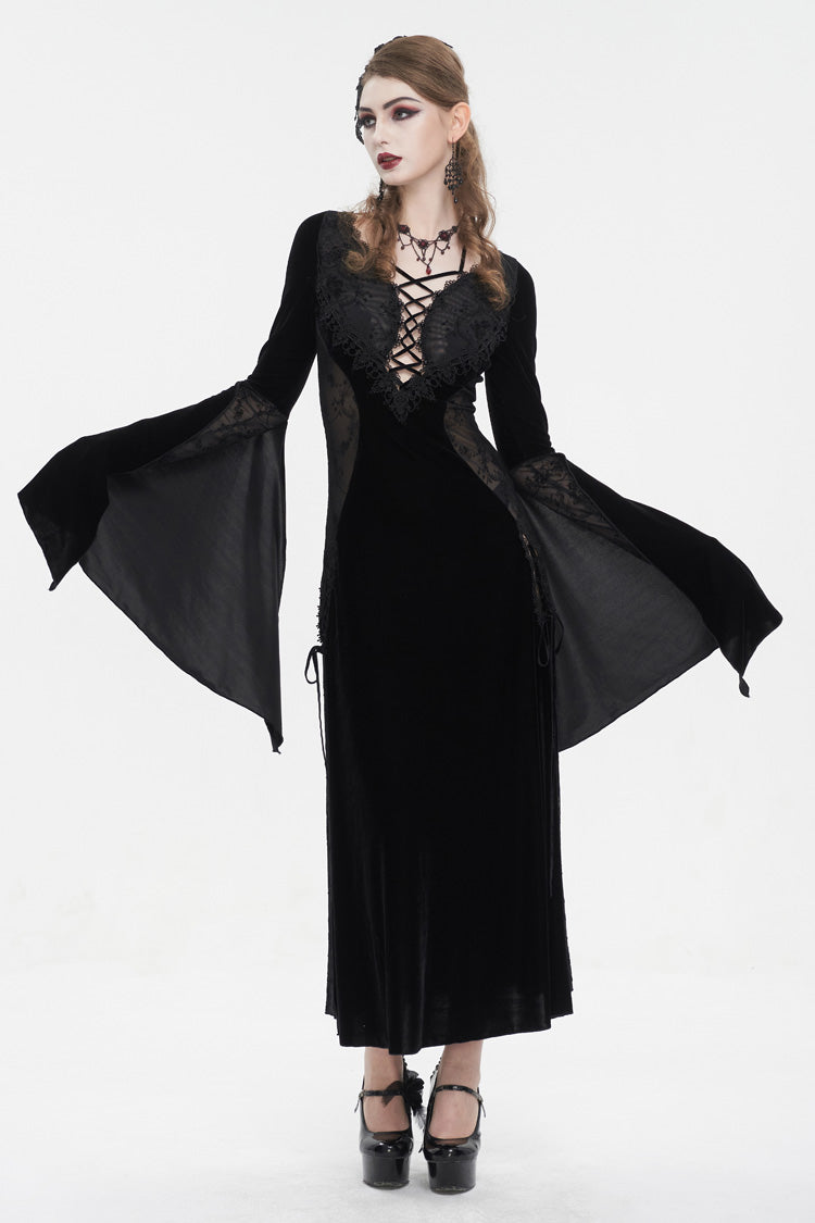 Black Velvet Mesh Splice Long Women's Gothic Dress - Product - 2