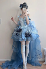 Sky Blue [Swan Wonderland] Embroidery Bowknot Lace-Up Sweet Ballet Lolita Jsk Dress Short Version - Product - 3
