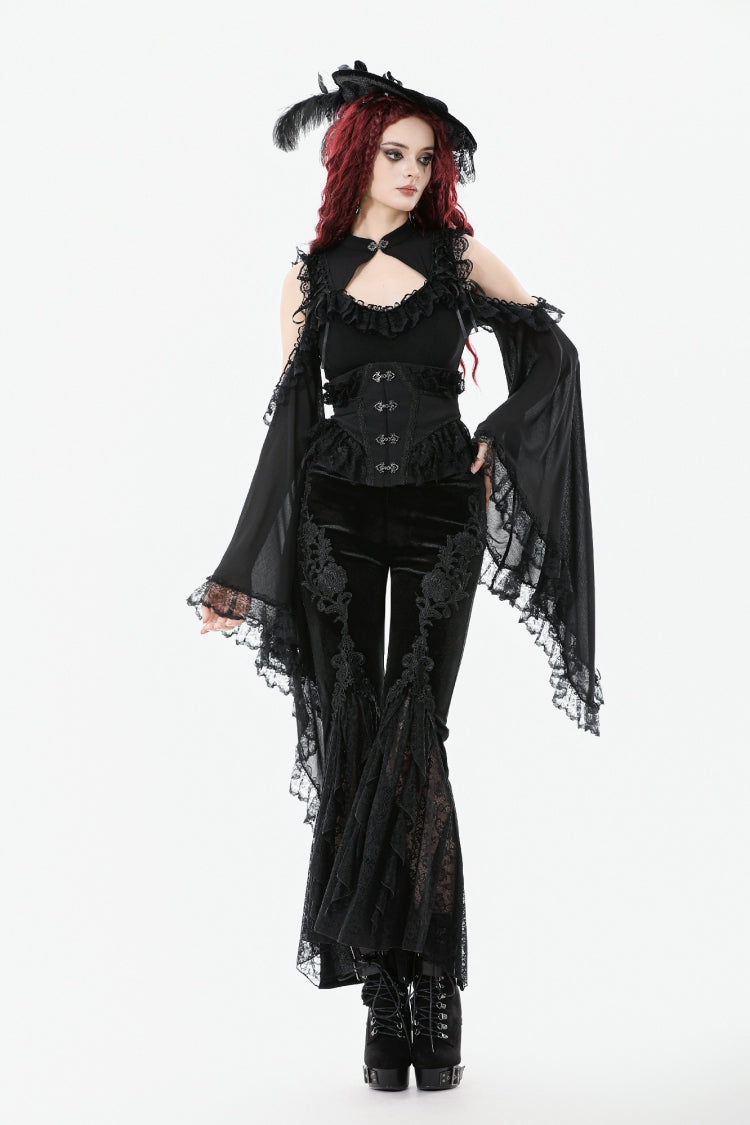 Black Women's Gothic Floral Embroidered Lace Flared Pants - Product - 9