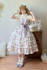 Purple [Grape Moon Almanac] Sleeveless Multi-Layered Printed Ruffled Bow Adjustable-Length Sweet Lolita Jsk Dress - Purple - 1