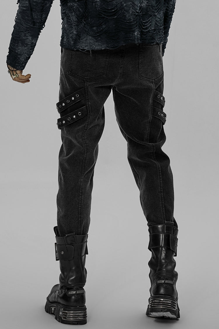 Black Skull Buckles Stitching Metal Nails Men's Steampunk Pants - Product - 3