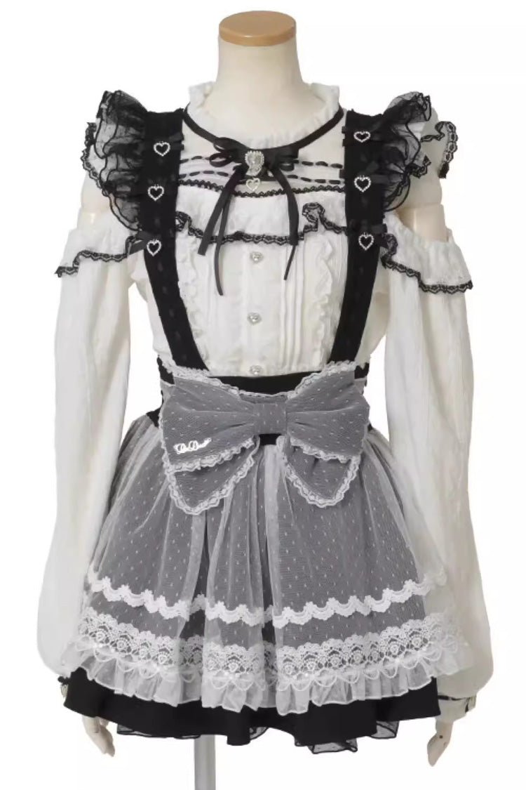 Sweet Sheer Overlay Maid Ruffled Bow Lace-Up Jirai Kei Japanese Suspender Skirt 3 Colors - Black-Version2 - 2
